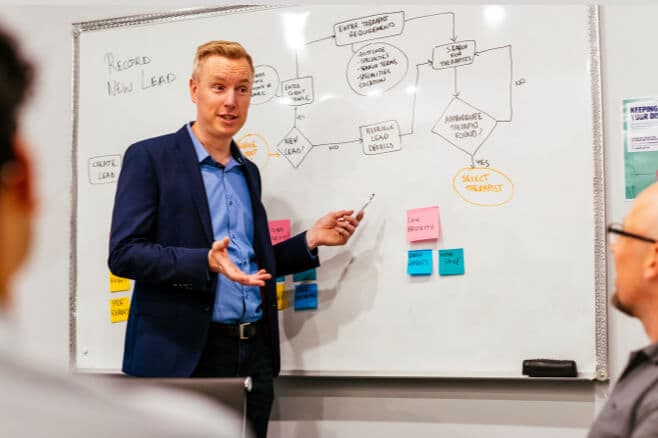 Ben, our CEO, in discussion with two Alliance Software employees, in front of a whiteboard