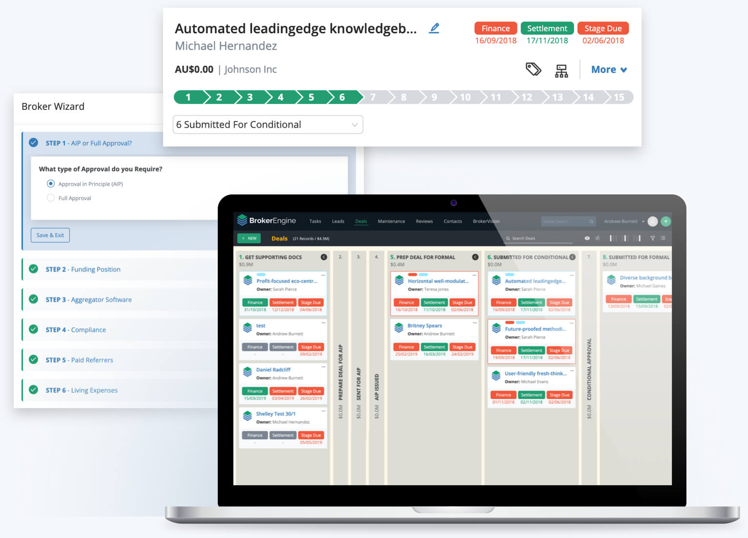 Montage of desktop interface and progression through brokerage process.