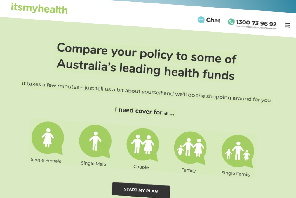 Screenshots of the ItsMy home page, showing health selector