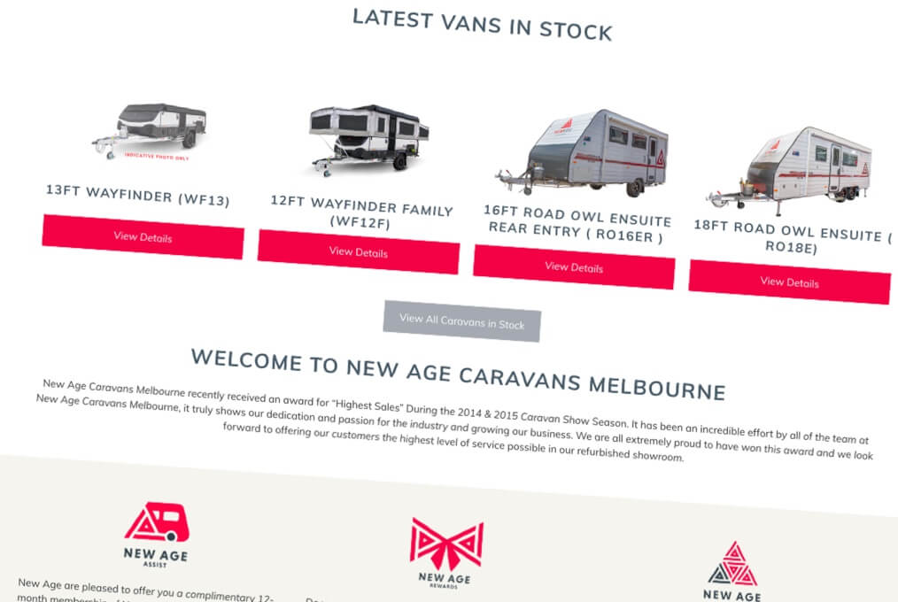 Screenshots of the New Age Caravans web app, showing purchase options