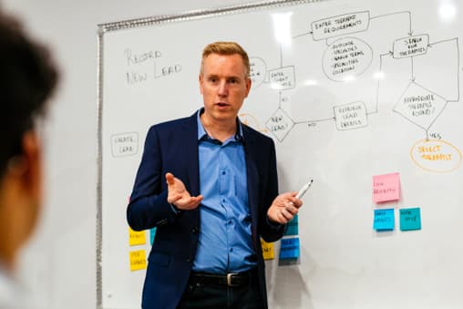 Ben, our CEO, in discussion with Alliance staff. Ben is in front of a whiteboard.