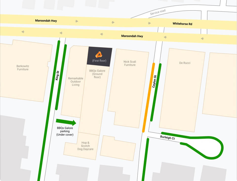 Map showing location of restricted and un-restricted parking options for Alliance Software.